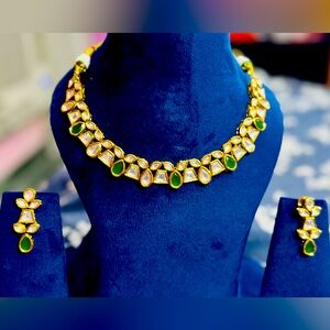 Brand New!House Of RuSa Delicate Kundan &Green Stones Vintage Necklace& Earrings